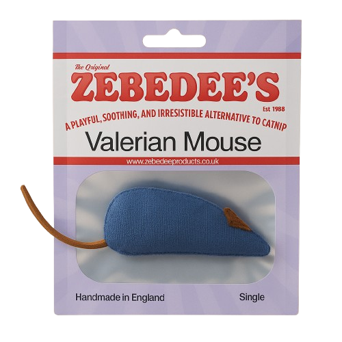 Zebedees Valerian Mouse packaging with a blue mouse toy on a white background