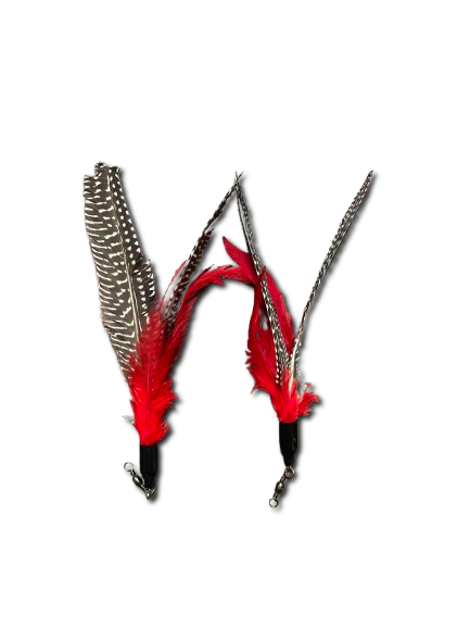 Replacement feather attachments for Interactive Cat Wand with Real Feathers, showcasing vibrant red and natural brown feathers for realistic movement.