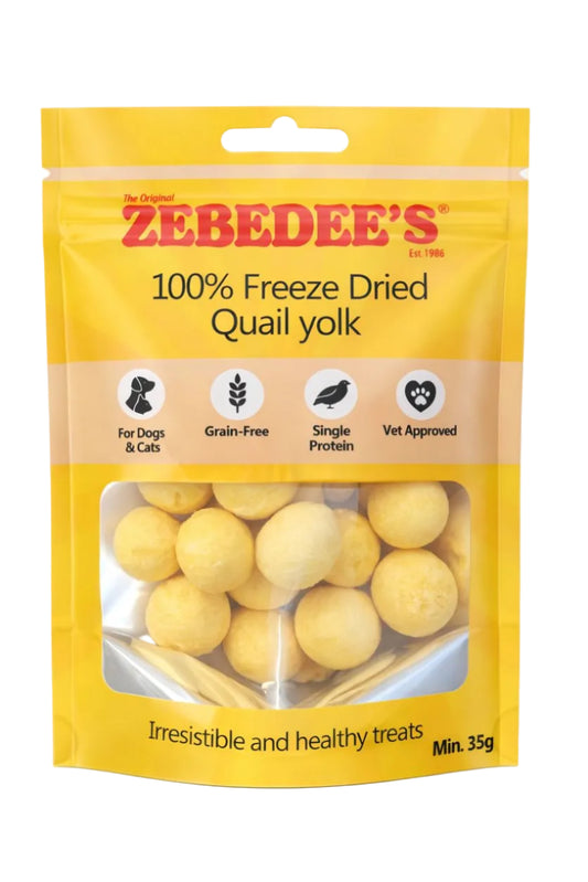 Zebedee's 100% Freeze Dried Quail Yolk package on a white background