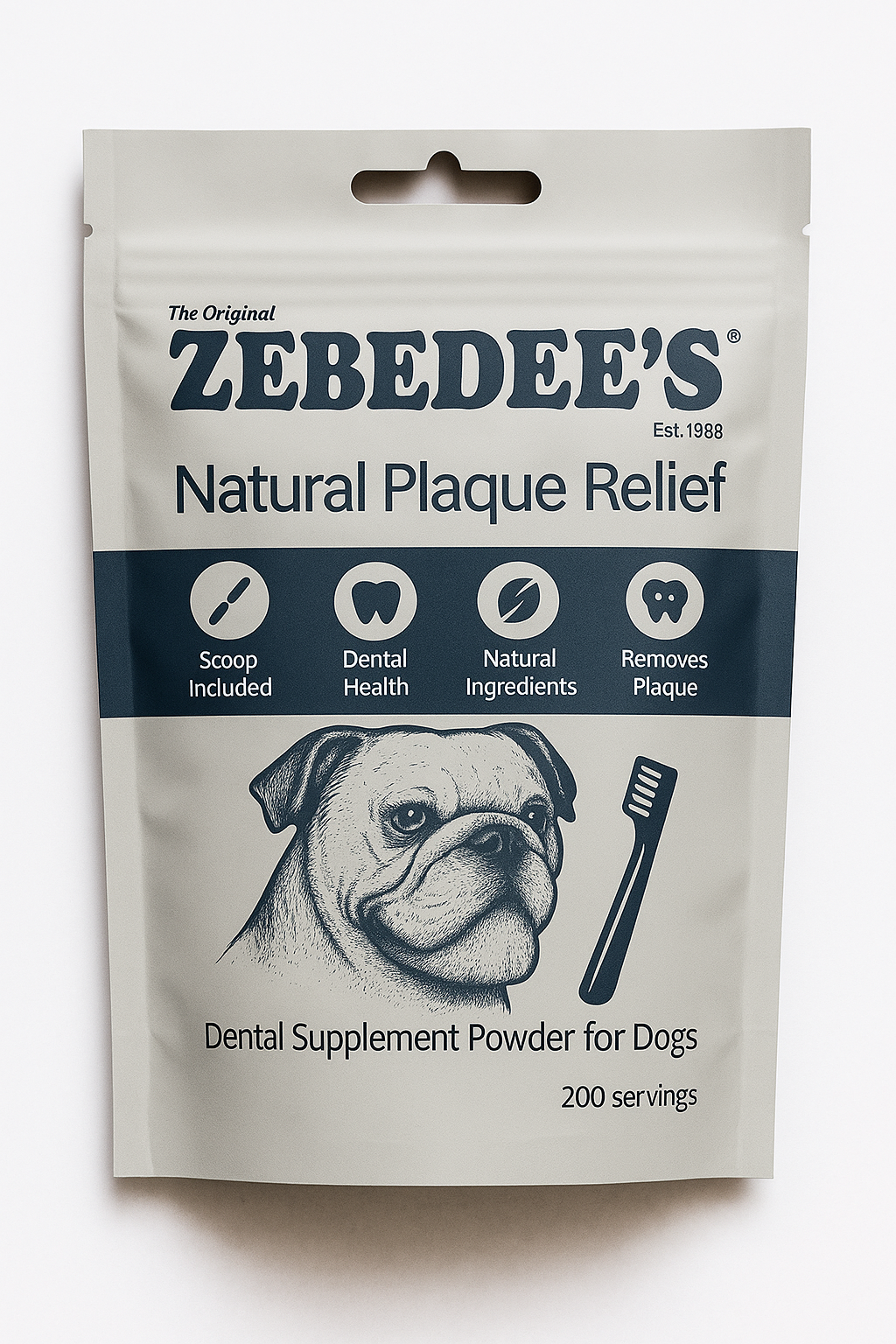 Zebedee's Natural Plaque Relief dental supplement powder packaging for dogs on a white background