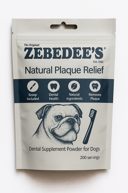 Zebedee's Natural Plaque Relief dental supplement powder packaging for dogs on a white background