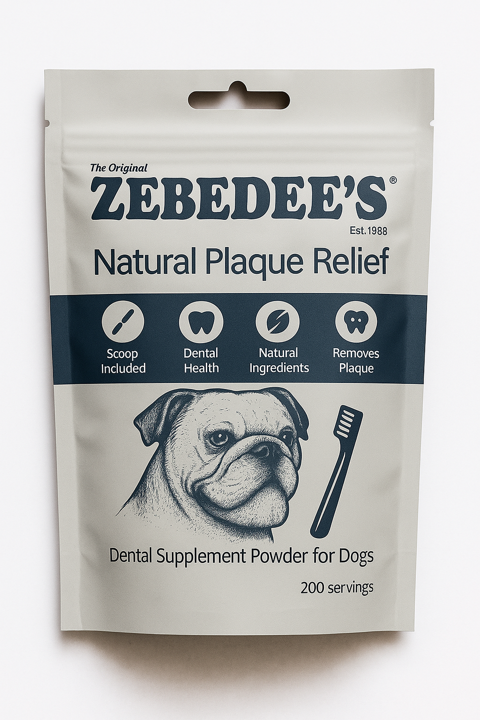 Zebedee's Natural Plaque Relief dental supplement powder packaging for dogs on a white background
