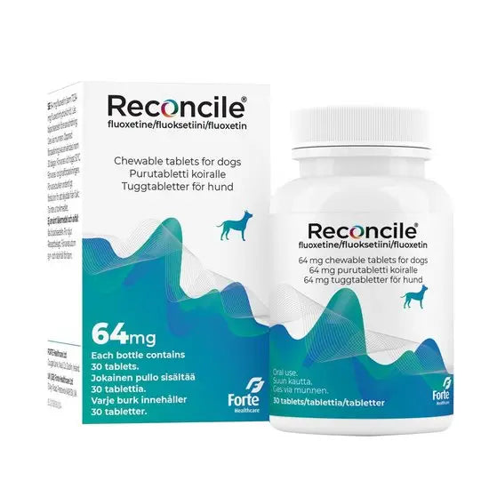 Reconcile Chewable Tablets 64Mg for dogs, 30-pack pet medicine with fluoxetine for anxiety relief, shown with branded box and bottle.