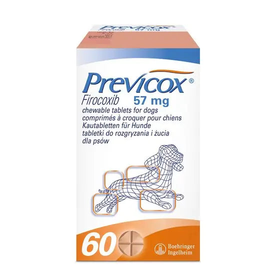 Previcox Tablets for Dogs - 57mg 60Tablets box with Firocoxib for arthritis and pain relief. Veterinary NSAID chewable pet medicine packaging.