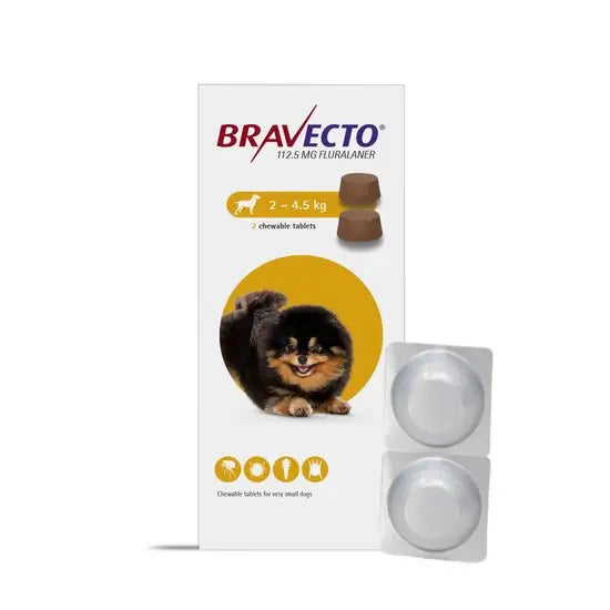 BRAVECTO® Chewable Tablets for Toy Dog 112.5mg 2D pack for 2kg-4.5kg dogs with image of small dog and two tablet blisters. Antiparasitic pet medicine.