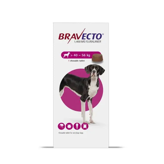 Bravecto® Chewable Tablets for XL Dogs (1400mg) 1D packaging featuring a large dog, suitable for dogs weighing 40–56kg. Antiparasitic pet medicine.