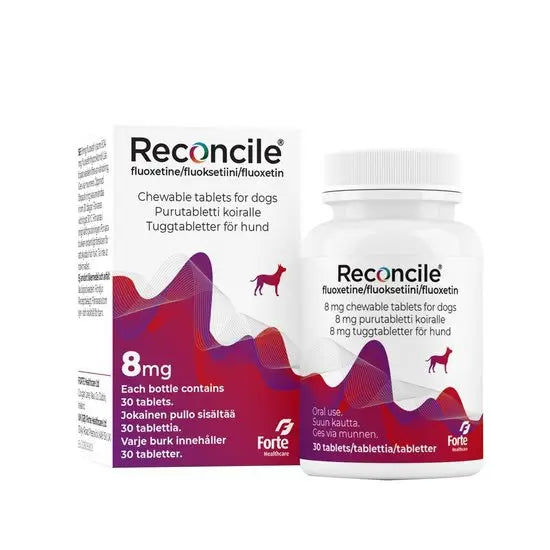 Reconcile Chewable Tablets 8Mg pet medicine for dogs, 30-pack bottle and box with fluoxetine for behavioral health support.