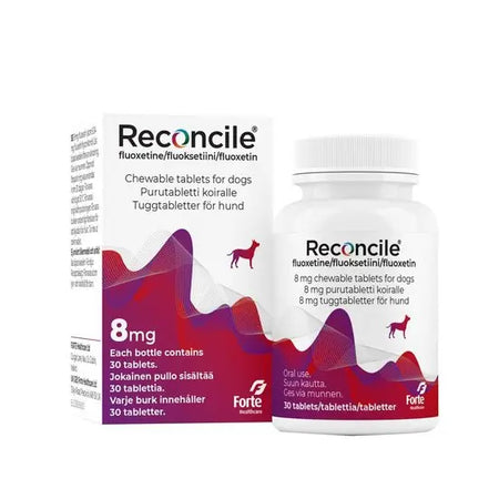 Reconcile Chewable Tablets 8Mg pet medicine for dogs, 30-pack bottle and box with fluoxetine for behavioral health support.