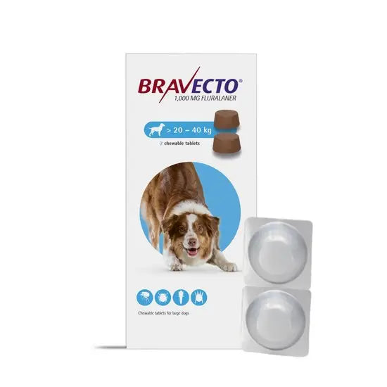 Bravecto® Chewable Tablets for Large Dogs (1000mg) 2D pack with two blister tablets for flea and tick control in dogs over 20-40kg.