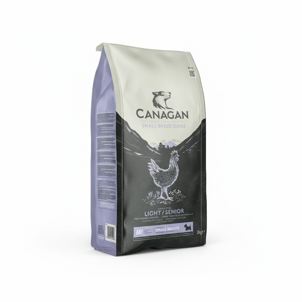 Canagan Small Breed Light / Senior dog food on a white background. Packaging features a chicken displayed on the front stating the food contains 60% animal ingredients.