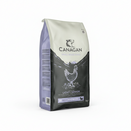 Canagan Small Breed Light / Senior dog food on a white background. Packaging features a chicken displayed on the front stating the food contains 60% animal ingredients.