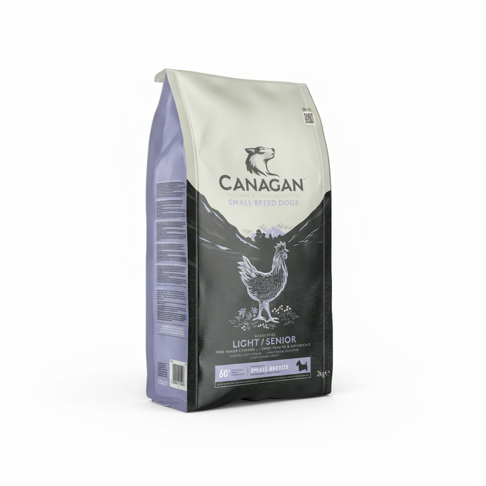 Canagan Small Breed Light / Senior dog food on a white background. Packaging features a chicken displayed on the front stating the food contains 60% animal ingredients.
