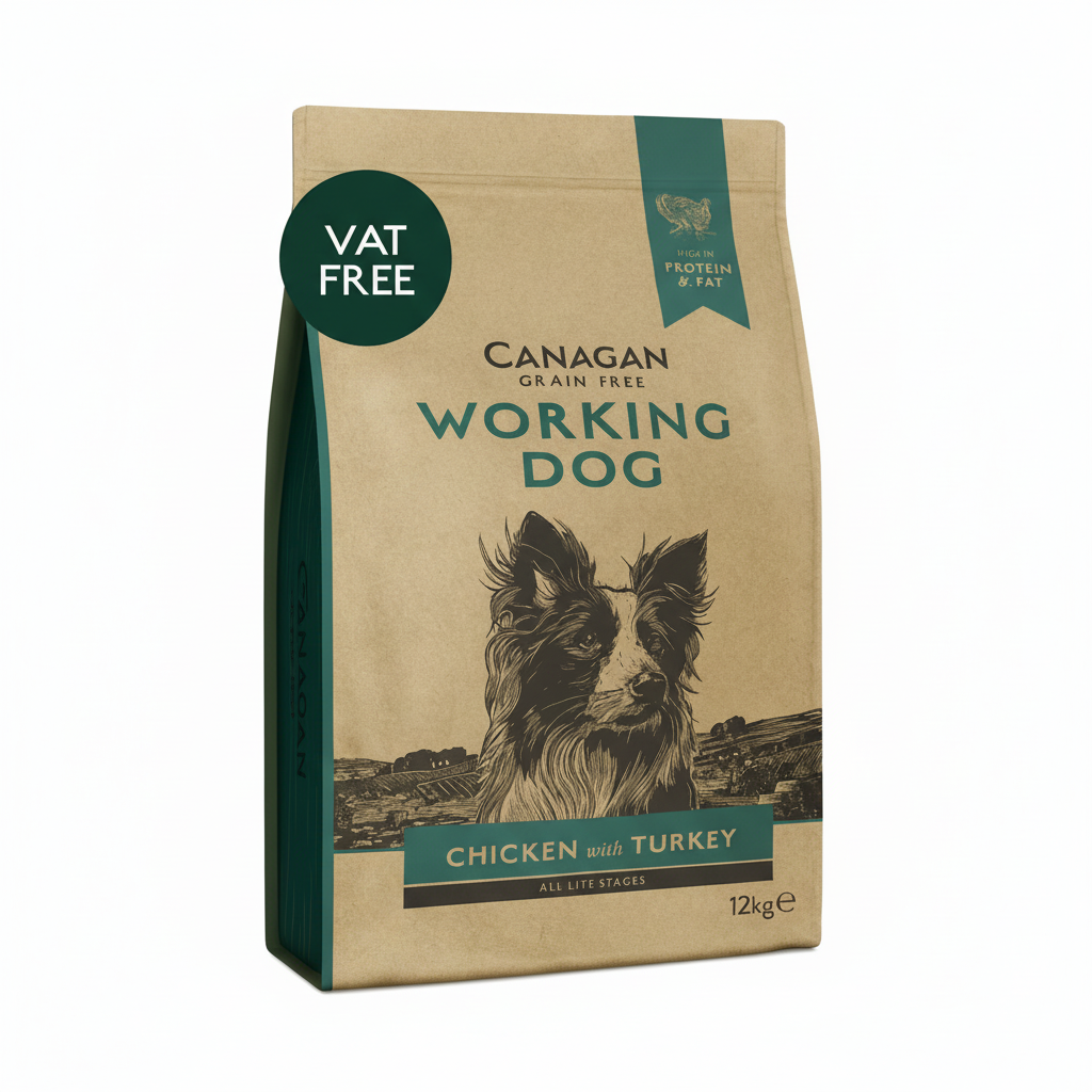 Canagan Working Dog food package with a dog illustration on a beige background