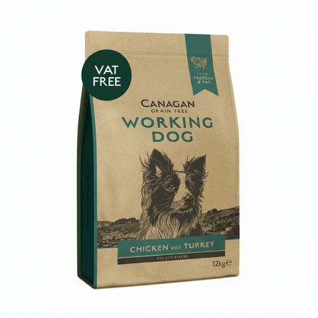 Canagan Working Dog food package with a dog illustration on a beige background