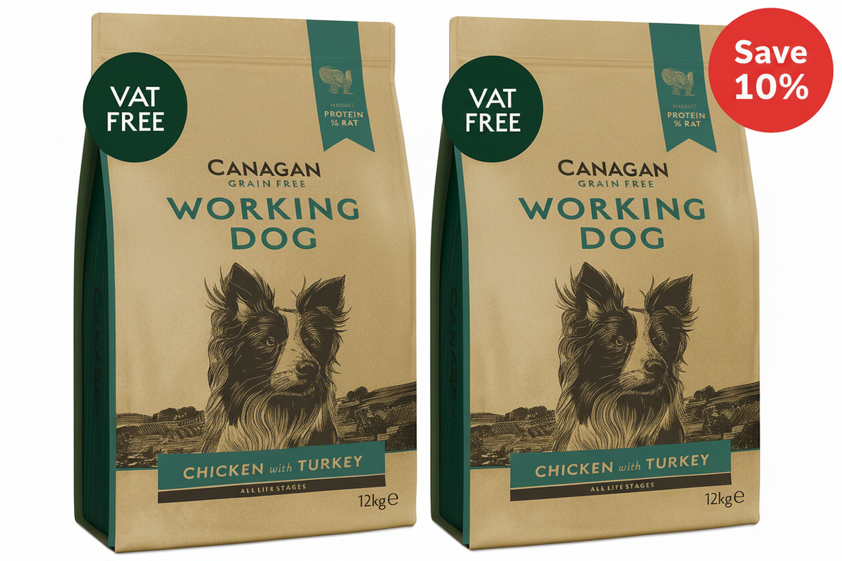 Two packages of Canagan Working Dog food with chicken and turkey on a beige background. Showing 10% saving when buying 2 sacks.