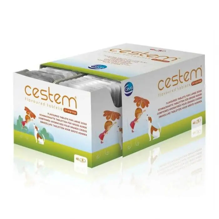 Cestem Flavoured Worming Tablets for Large Dogs box packaging with 48 tablets, ideal pet medicine for deworming large breed dogs effectively.