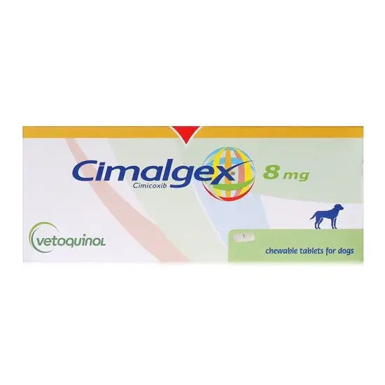Cimalgex 8mg 32PK chewable tablets for dogs by Vetoquinol, used for pain relief and inflammation in pets. Pack contains 32 pet medicine tablets.