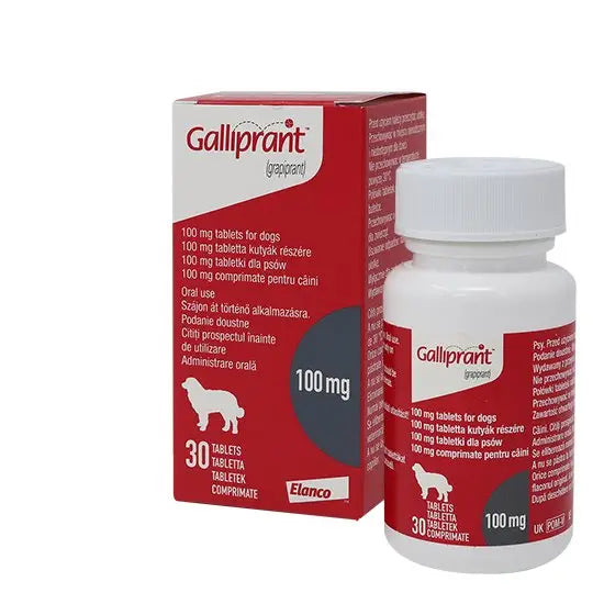 Galliprant 100Mg pet medicine for dogs, 30 tablet bottle with red and white packaging, used for pain and inflammation relief in pets.