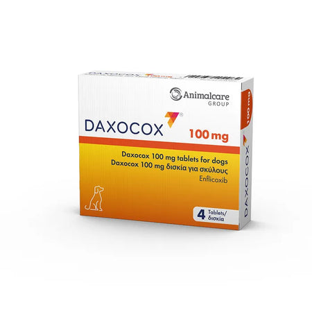 Daxocox® Tablets for Dogs 100mg 4Tablets pet medicine box with Enflicoxib for pain relief, ideal for canine osteoarthritis treatment.