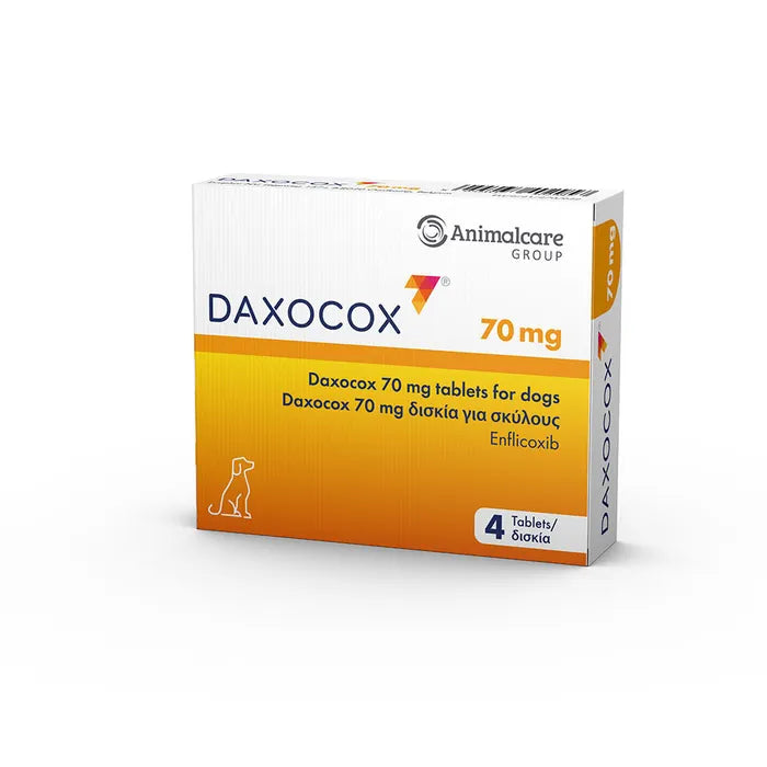 Daxocox® Tablets for Dogs 70mg 4 Tablets pet medicine box with Enflicoxib for canine pain relief. Ideal for managing osteoarthritis in dogs.