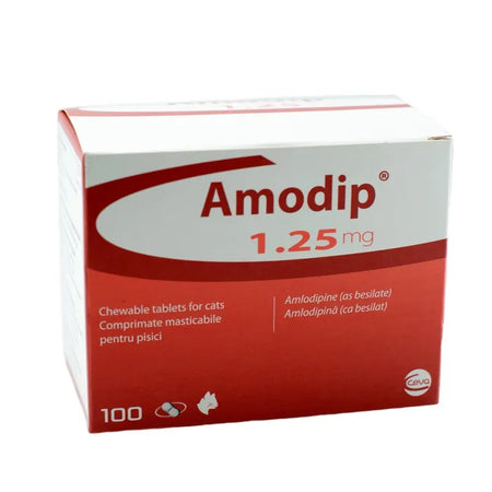 Amodip Tabs 1.25mg Blister box for cats, 100 chewable tablets for feline blood pressure treatment in pet medicine category.