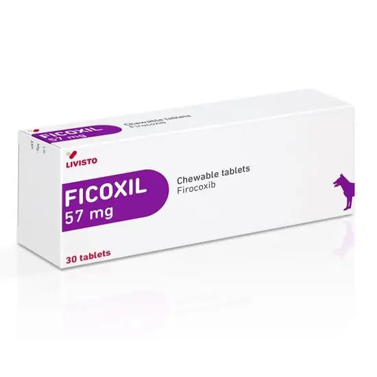 Ficoxil Chewable Tablets for Dogs 57mg box with 30 tablets, pet medicine for pain relief containing firocoxib, ideal for canine joint care.