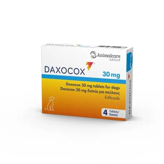 Daxocox® Tablets for Dogs 30mg 4-pack pet medicine box with Enflicoxib for canine pain relief. Ideal for managing osteoarthritis in dogs.