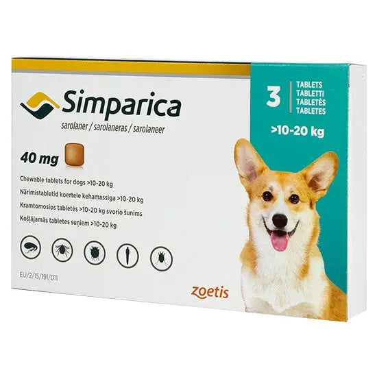 Simparica® Chewable Tablets for Dogs 40mg 3-pack for 10kg-20kg dogs, oral flea and tick control pet medicine with Corgi image on packaging.