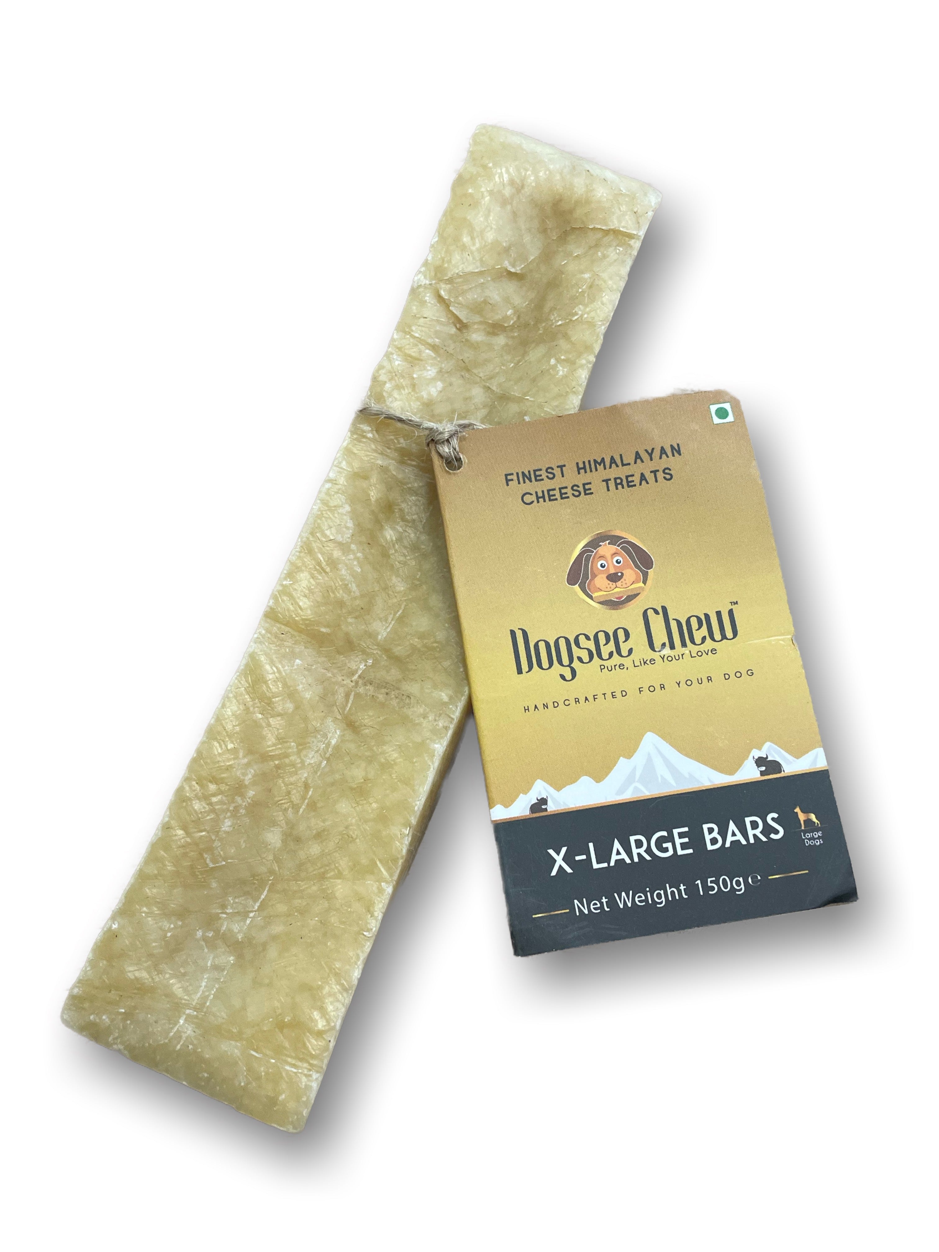 An Extra Large  Yellowish Dog Chew Sits on a white background with a large cardboard tag wrapped around it with string.  