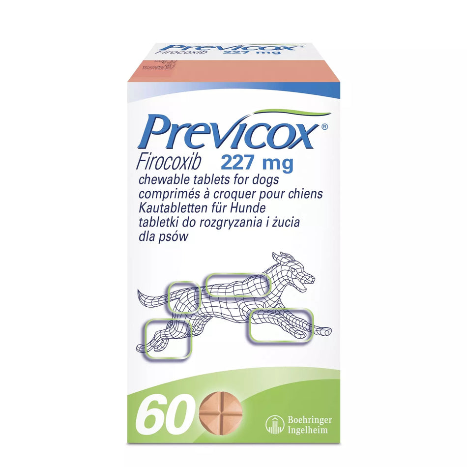 Previcox® Chewable Tablets for Dogs 227mg 60Tablets pet medicine box with dog joint relief illustration and Boehringer Ingelheim branding.