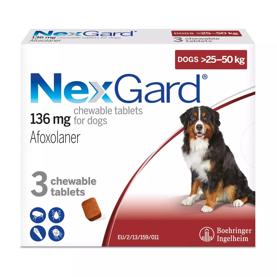 NexGard Tablets Extra Large Dogs 136mg 3PK for 25-50kg dogs with fast flea and tick protection. Pet medicine with chewable tablets and vet prescription.