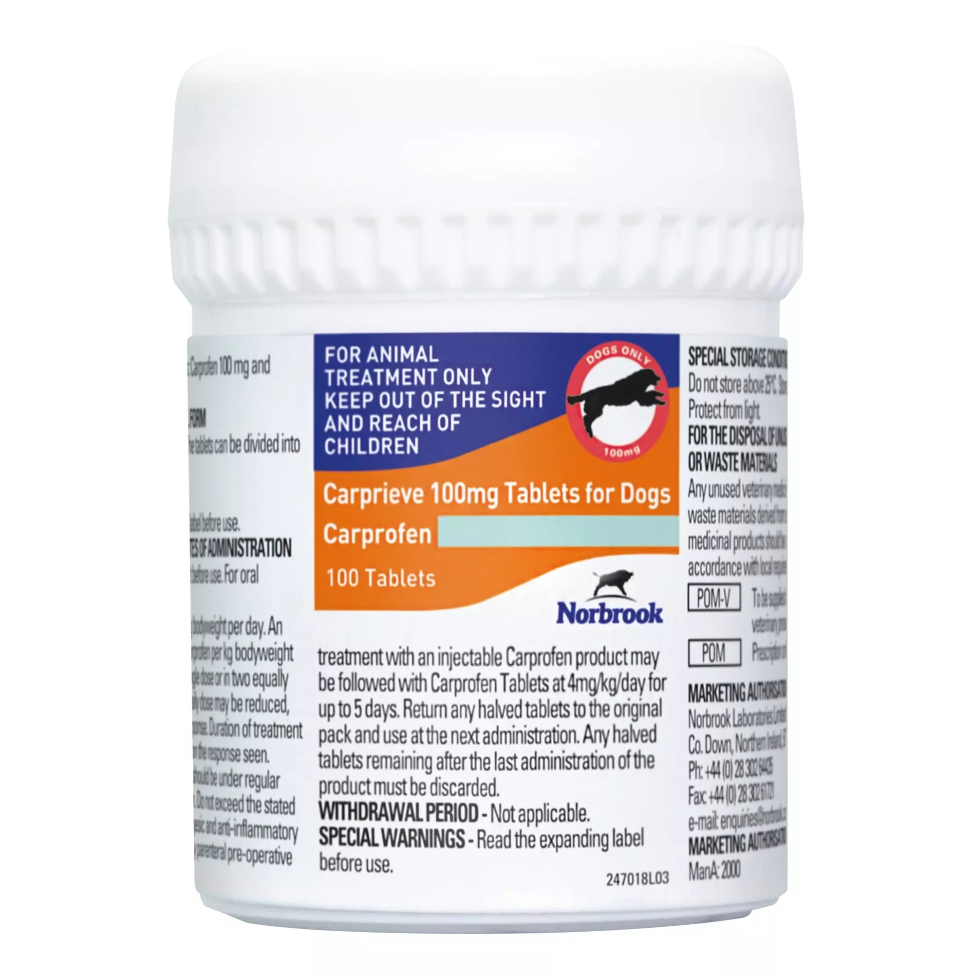 Carprieve Tablets 100 x 100mg pet medicine container for dogs, featuring 100mg Carprofen dosage for pain relief and inflammation treatment.