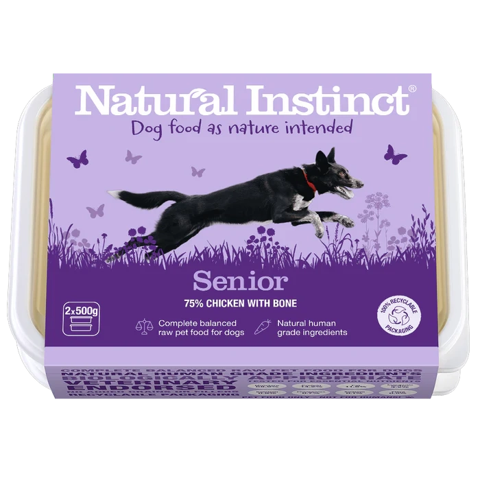 Natural Instinct Fish Dog Food Senior 2x500g pack with 75% chicken and bone, ideal for older dogs. Fast UK delivery from A Coombs Pet Centre.
