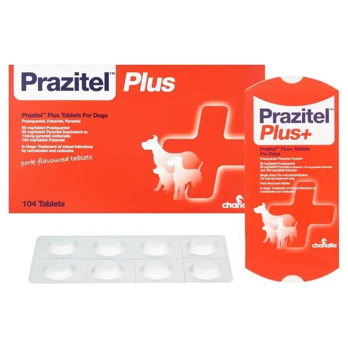 Prazitel Plus - Worming Tablets for Dogs 104 Tabs in red packaging with blister pack, effective pet medicine for treating intestinal worms.