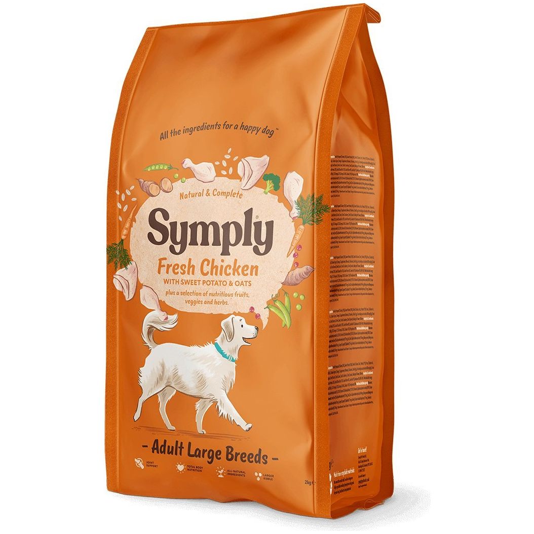 Symply Fresh Chicken Large Breed Adult Dog Food with Sweet Potato and Oats displayed in a 2kg orange bag.