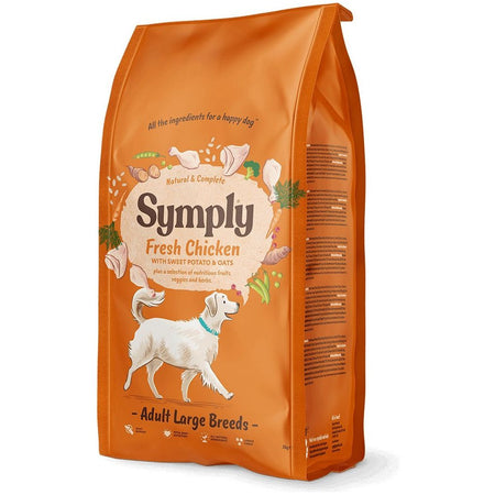 Symply Fresh Chicken Large Breed Adult Dog Food with Sweet Potato and Oats displayed in a 2kg orange bag.