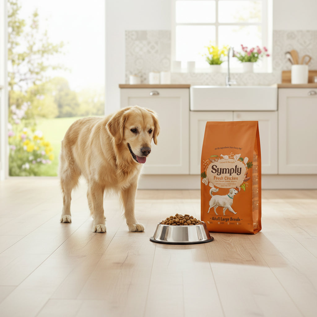 Yellow labrador standing in a modern kitchen next to a bag of Symply Fresh Chicken Large Breed Adult Dog Food, with a bowl of kibble ready to eat.