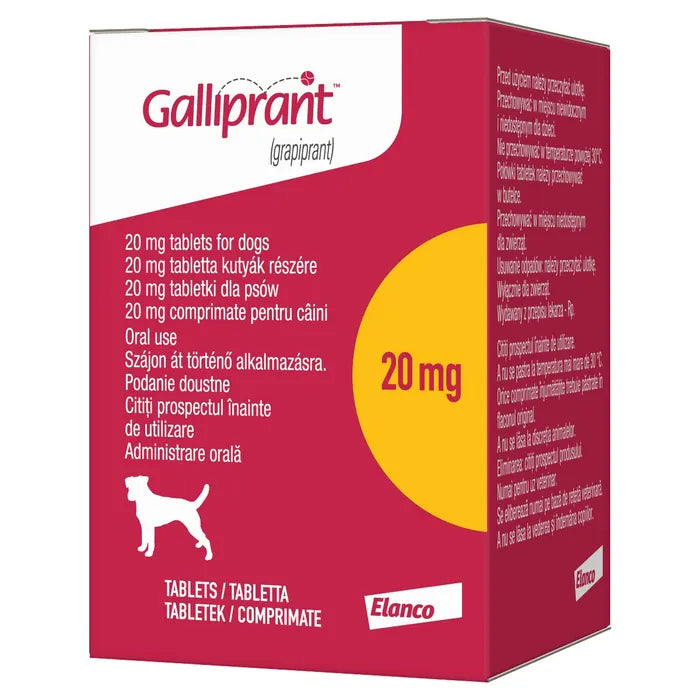 Galliprant 20Mg pet medicine box for dogs, featuring multilingual dosage instructions and Elanco branding. Ideal for pain and inflammation relief.