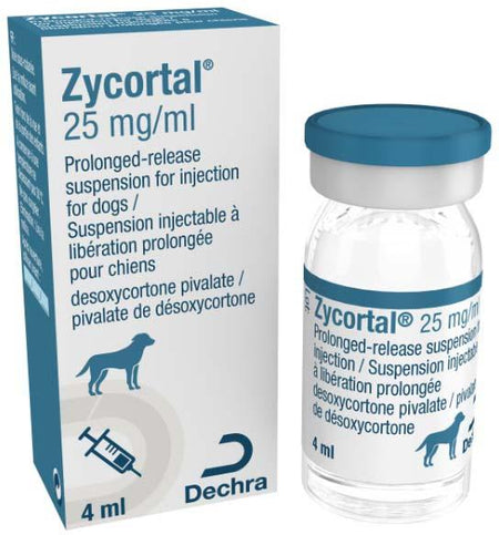 Zycortal 25mg/ml Injection 4ml pet medicine for dogs, featuring desoxycortone pivalate for adrenal insufficiency treatment. Includes vial and box.